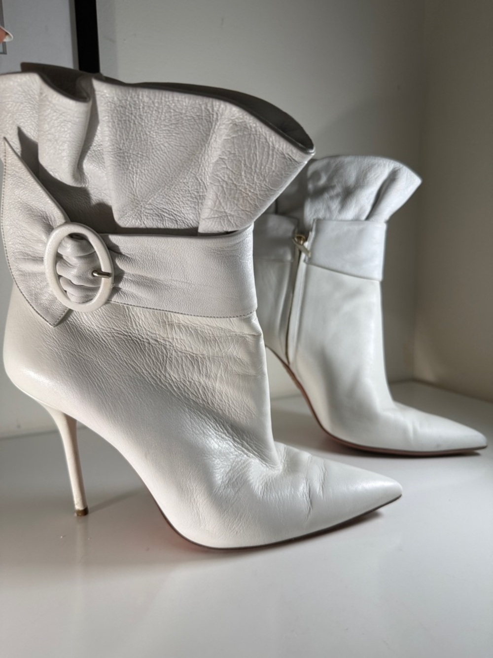 Aquazzura White Pointed-Toe Stiletto Ankle Boots with Buckle Strap, size 40